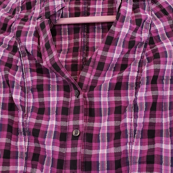 EXPRESS Cute Dark Purple Pink Khaki Button Shirt - Picture 4 of 7
